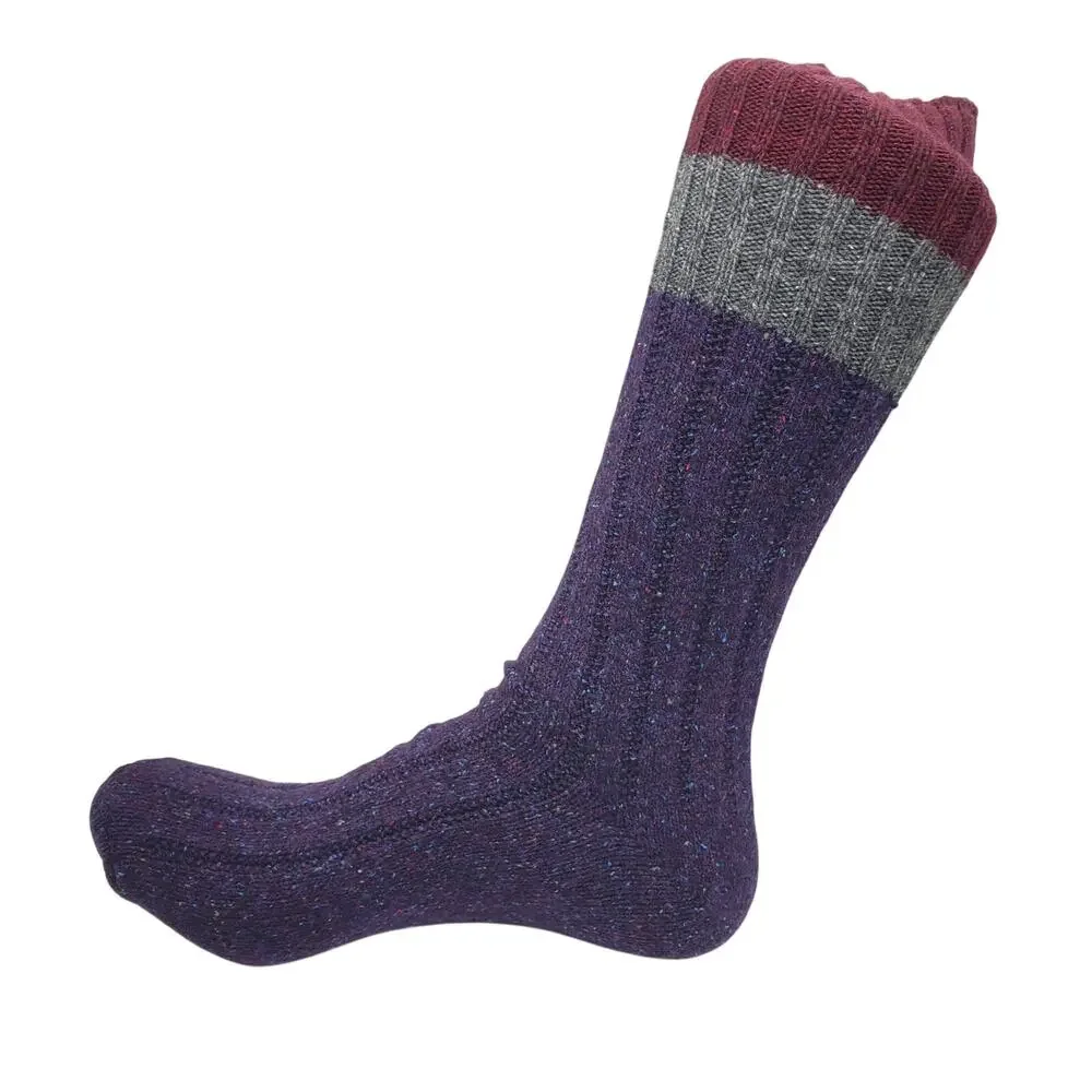 Silk Wool Cashmere Crew Socks Mens Soft Knit Plum Stripe Casual NWT Large 10-13
